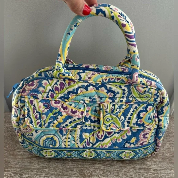 Vera Bradley Bowler Bag Blue Green Pink Paisley Double Handles Pockets Zip Close - Picture 2 of 11